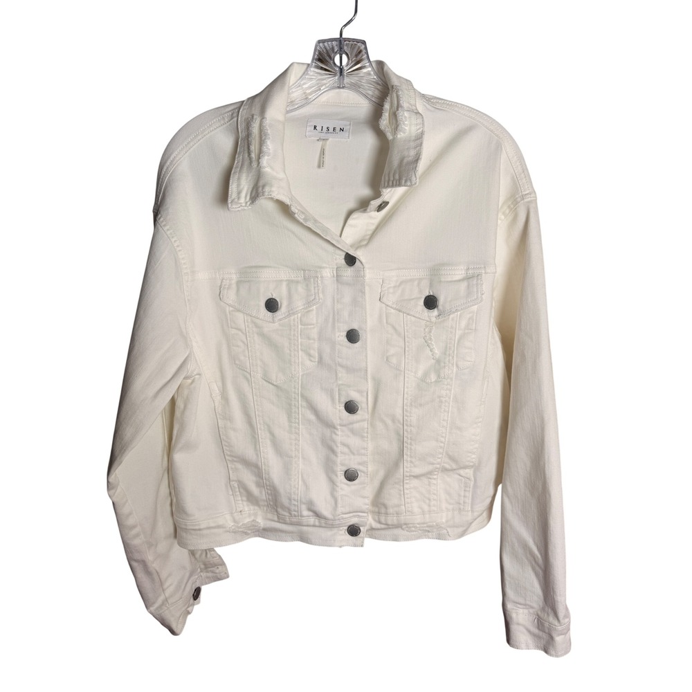 Risen Los Angeles Denim‎ Jacket Women Size Small White Cotton Blend Distressed